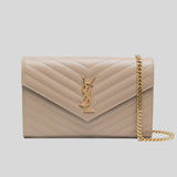 SAINT LAURENT YSL Matelasse Chain Wallet In Grain De Poudre Embossed Leather Dark Beige 377828BOW01
