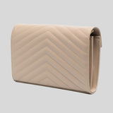 SAINT LAURENT YSL Matelasse Chain Wallet In Grain De Poudre Embossed Leather Dark Beige 377828BOW01