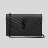 SAINT LAURENT YSL Matelasse Chain Wallet In Grain De Poudre Embossed Leather Black/Black 377828BOW08