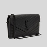 SAINT LAURENT YSL Matelasse Chain Wallet In Grain De Poudre Embossed Leather Black/Black 377828BOW08