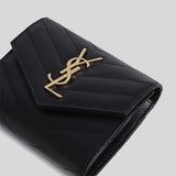 SAINT LAURENT YSL Cassandre Matelasse Compact Trifold Wallet In Grain De Poudre Embossed Leather Black 403943BOW01
