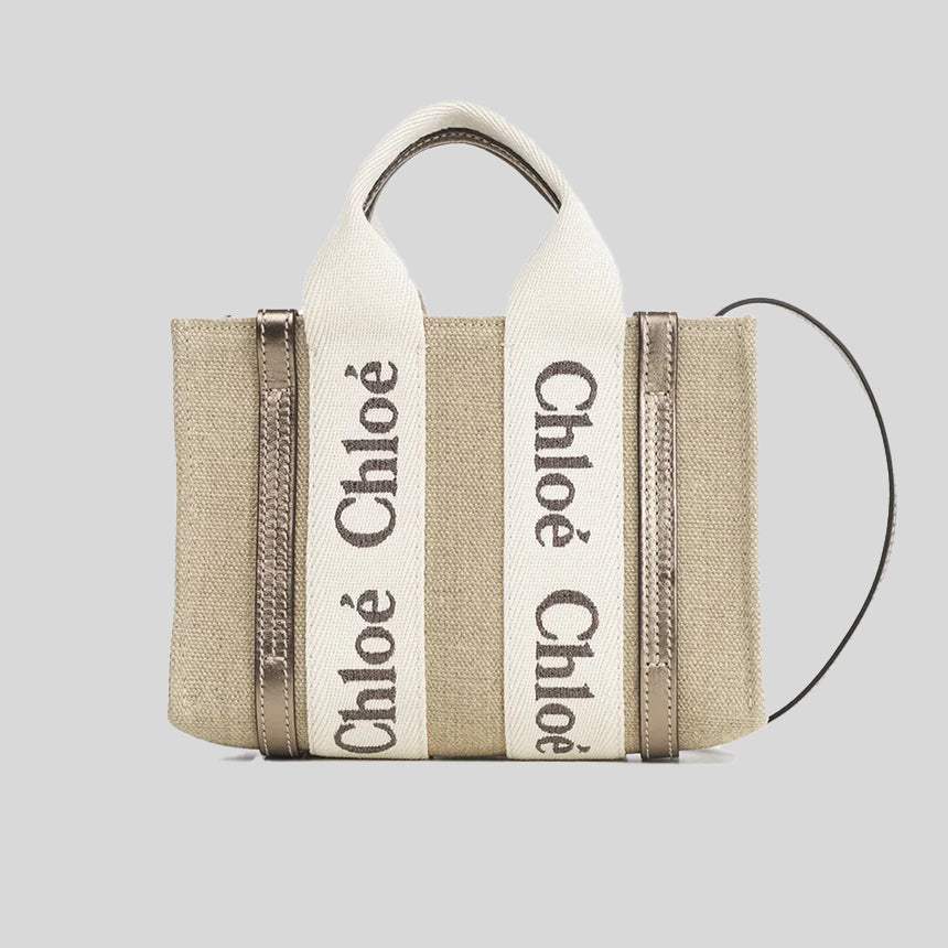 CHLOE Mini Woody Tote Bag In Linen And Leather Shiny Gray CHC25SP237O8