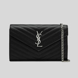 SAINT LAURENT YSL Matelasse Chain Wallet In Grain De Poudre Embossed Leather Black/Silver 377828BOW02
