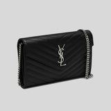 SAINT LAURENT YSL Matelasse Chain Wallet In Grain De Poudre Embossed Leather Black/Silver 377828BOW02