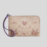 COACH Corner Zip Wristlet In Signature Canvas With Floral Print Sand Multi CAQ59