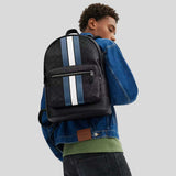 COACH West Backpack In Signature Canvas With Varsity Stripe Charcoal/Denim/Chalk CV922