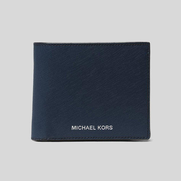 MICHAEL KORS Harrison Saffiano Leather Billfold Wallet With Coin Pocket Navy 36S4LHRF3L
