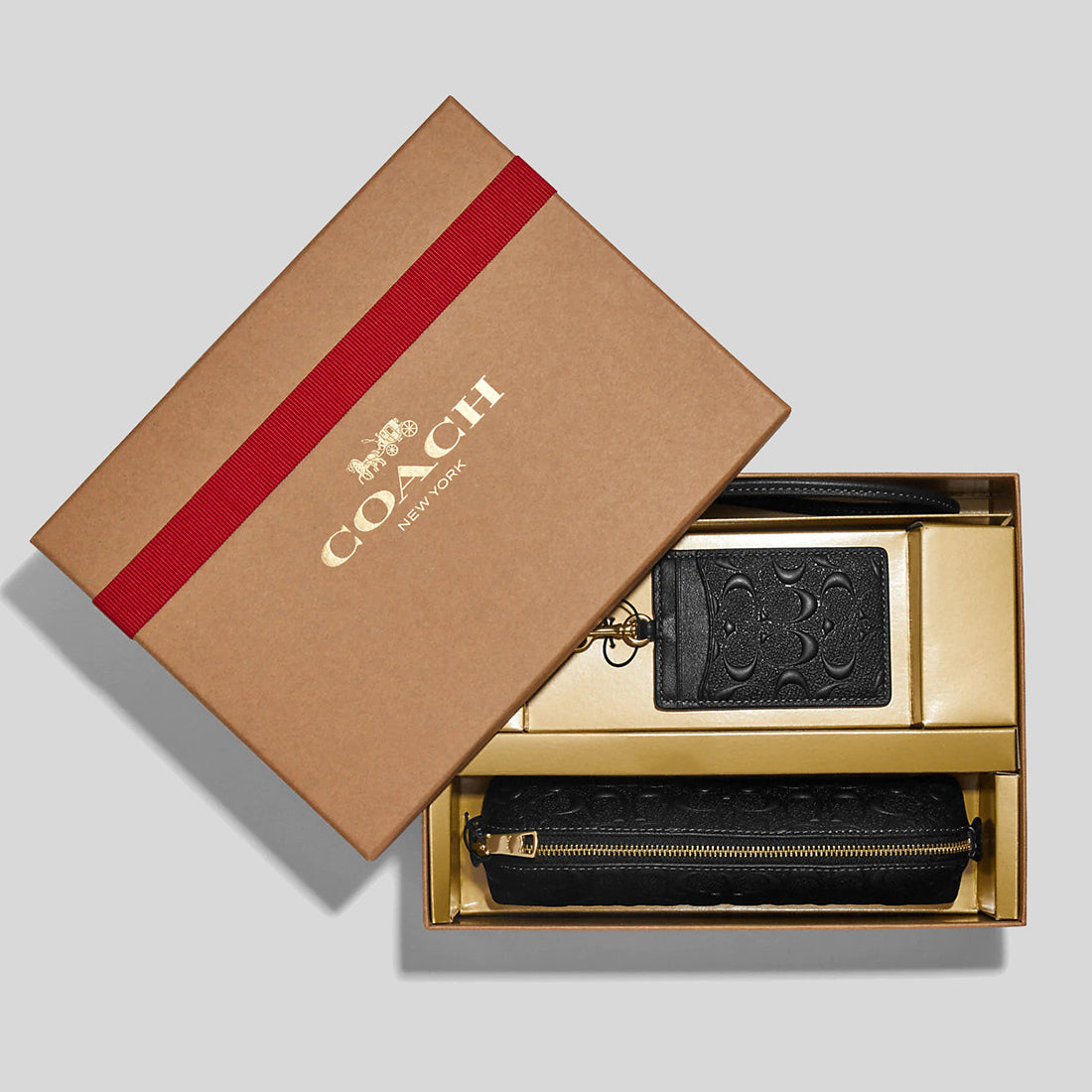 Coach Boxed Pencil Case And Id Lanyard Set In Signature Leather Black