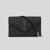 SAINT LAURENT YSL Matelasse Envelope Chain Wallet In Grain De Poudre Embossed Leather Black/Silver 742920BOW02 lussocitta lusso citta