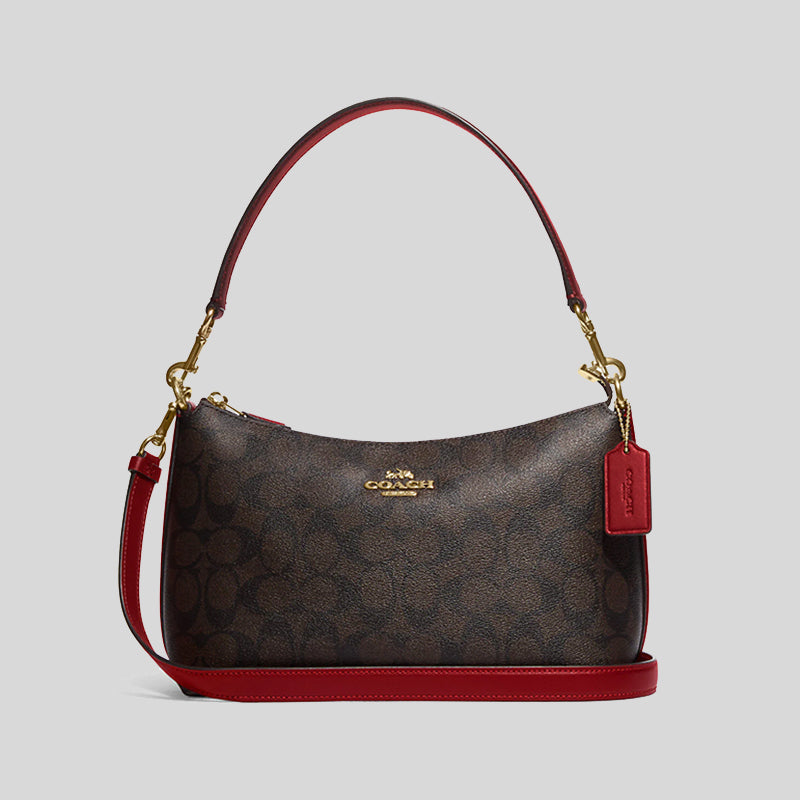 Coach Clara Shoulder Bag In Signature Canvas Brown Red CF377
