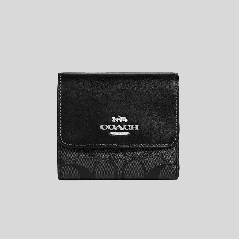 Coach Small Trifold Wallet In Blocked Signature Canvas Graphite