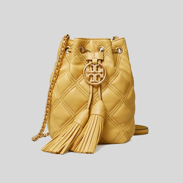 Tory Burch Mini Fleming Straw & Leather Bucket Bag in Natural