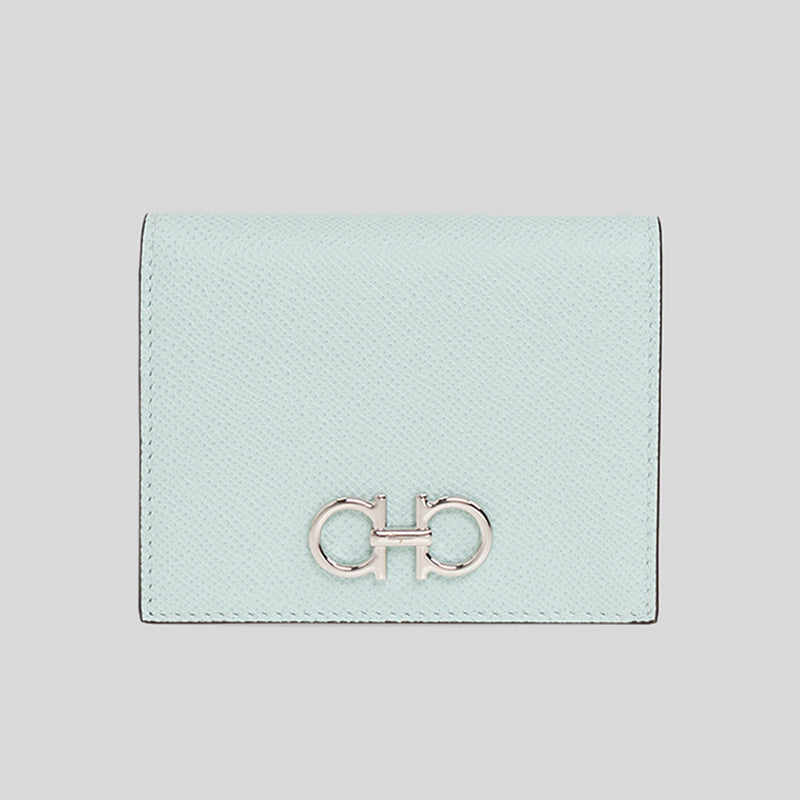 Salvatore Ferragamo Calf Leather Small Bifold Wallet Ghiacciaio Blue 0756990 Chanel lv Dior luxury handbag gucci celine coach Marc Jacobs TORY BURCH Kate spade Michael Kors designer handbag lussocitta lusso citta