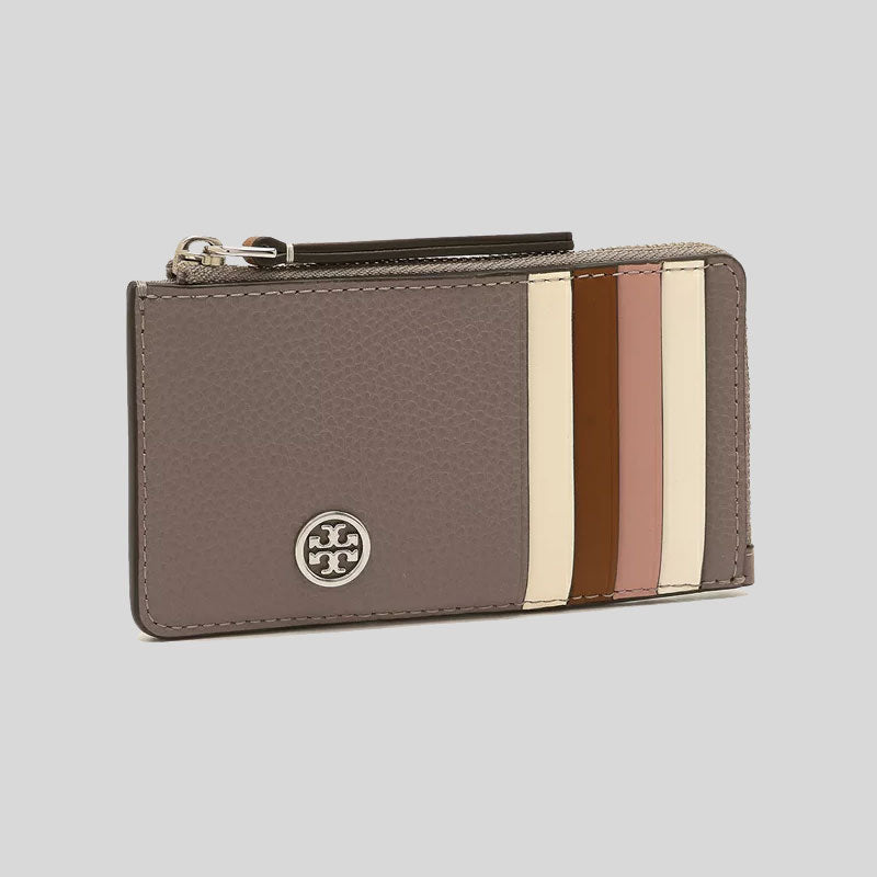 TORY BURCH Robinson Pebbled Top Zip Card Case Gray Heron 146012