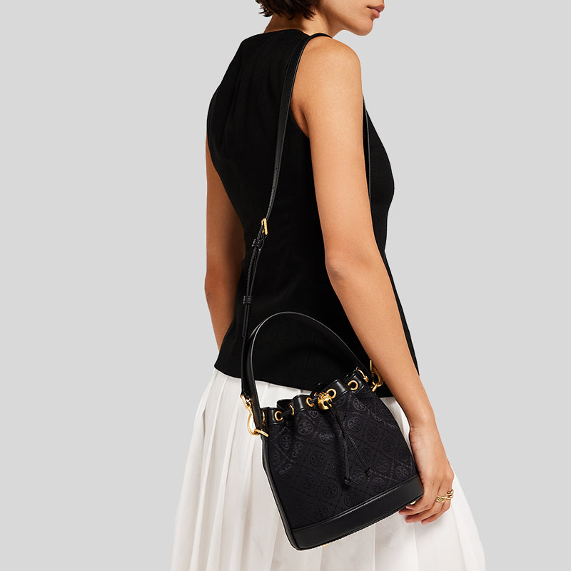 TORY BURCH T Monogram Jacquard Bucket Bag Black 152127