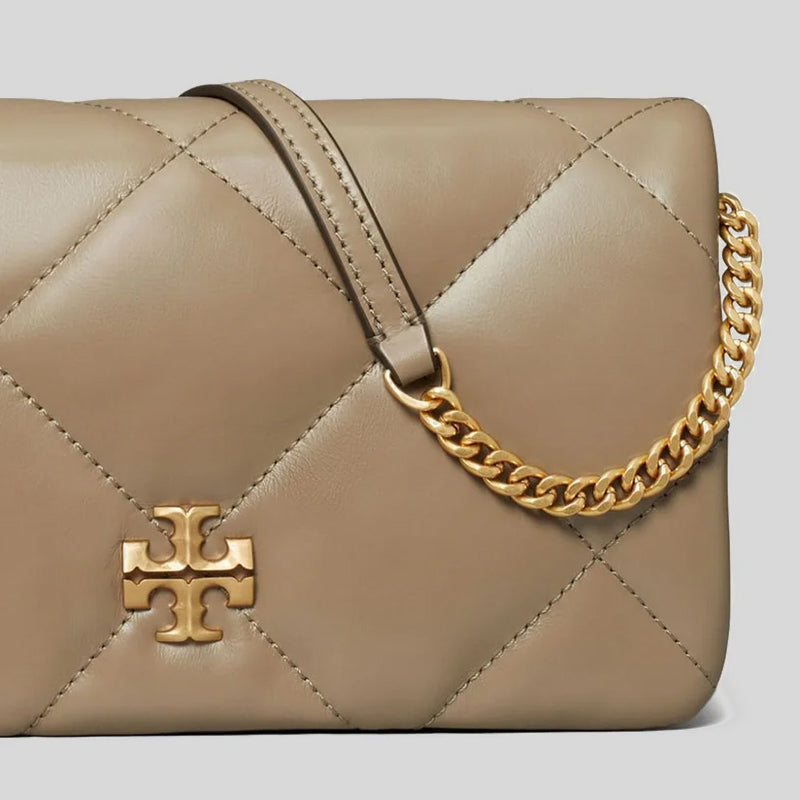 TORY BURCH Kira Diamond Quilt Chain Wallet Taupe Oak 158624