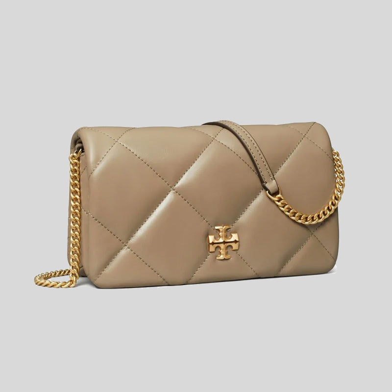 TORY BURCH Kira Diamond Quilt Chain Wallet Taupe Oak 158624