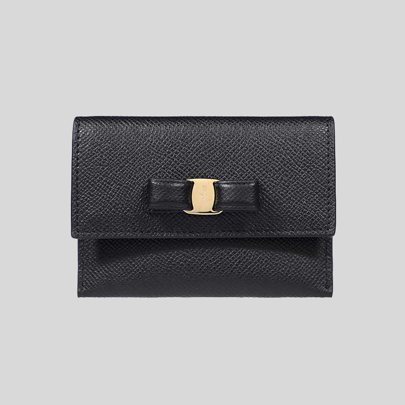 Ferragamo Vara Bow Calf Leather Small Card Holder Black 683522