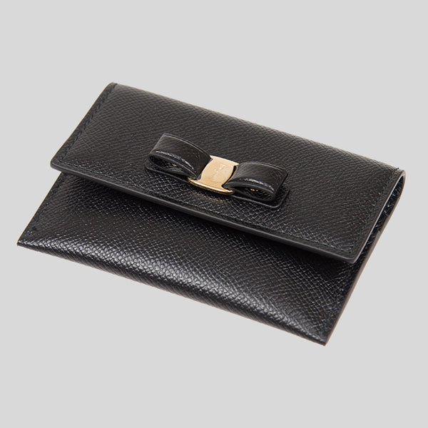 Ferragamo Vara Bow Calf Leather Small Card Holder Black 683522