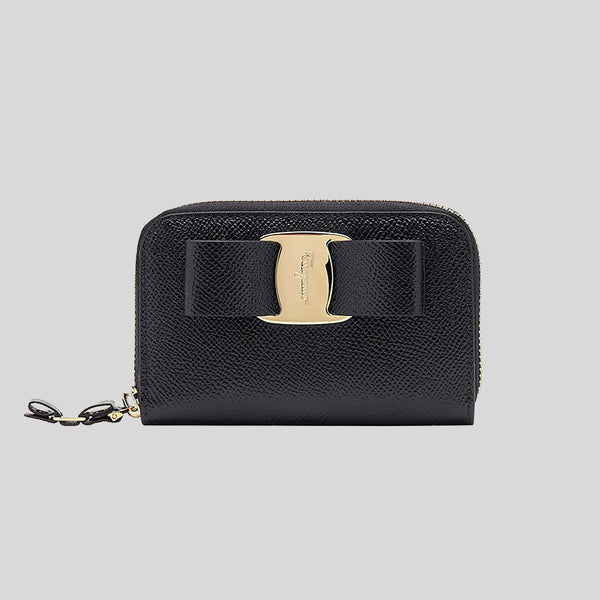 FERRAGAMO Vera Bow Card Case Small Wallet Black 725290