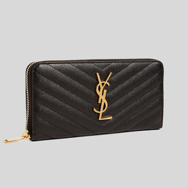 SAINT LAURENT YSL Cassandre Matelasse Zip Around Wallet In Grain De Poudre Embossed Leather Black 358094BOW01