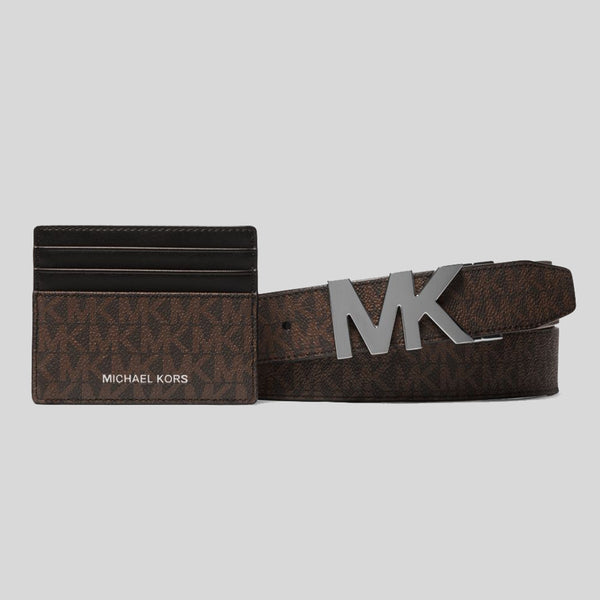 MICHAEL KORS Signature Logo Card Case and Belt Gift Set Brown/Black 36S4LGFY6B
