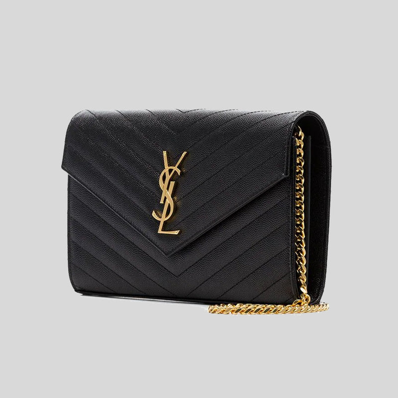 Saint Laurent Envelope Chain Wallet In Grain De Poudre Embossed Leather in  Black