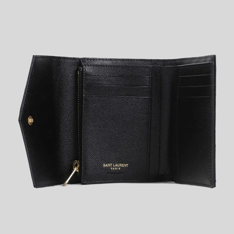 SAINT LAURENT YSL Cassandre Matelasse Compact Trifold Wallet In Grain De Poudre Embossed Leather Black 403943BOW01