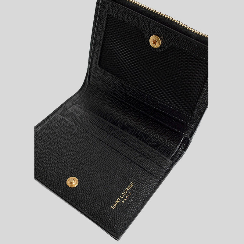 SAINT LAURENT YSL Cassandre Matelasse Bi-Fold Wallet In Grain De Poudre Embossed Leather Black 575879BOW01