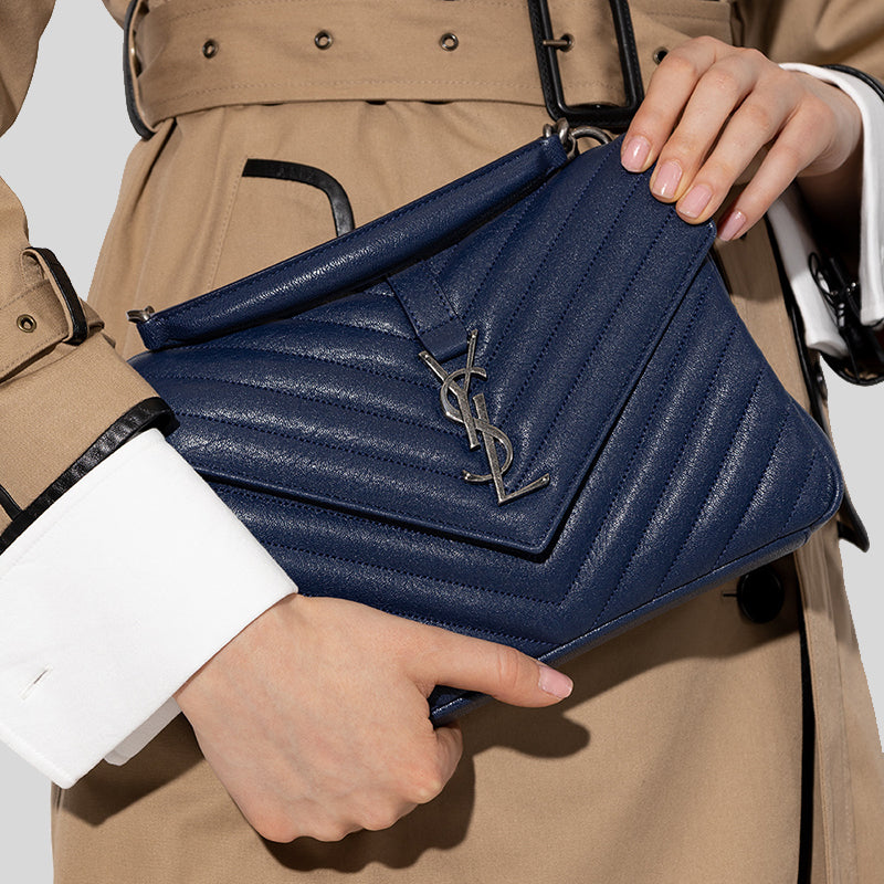 Yves Saint Laurent Blue Chevron Quilted Leather Monogram Medium College Bag