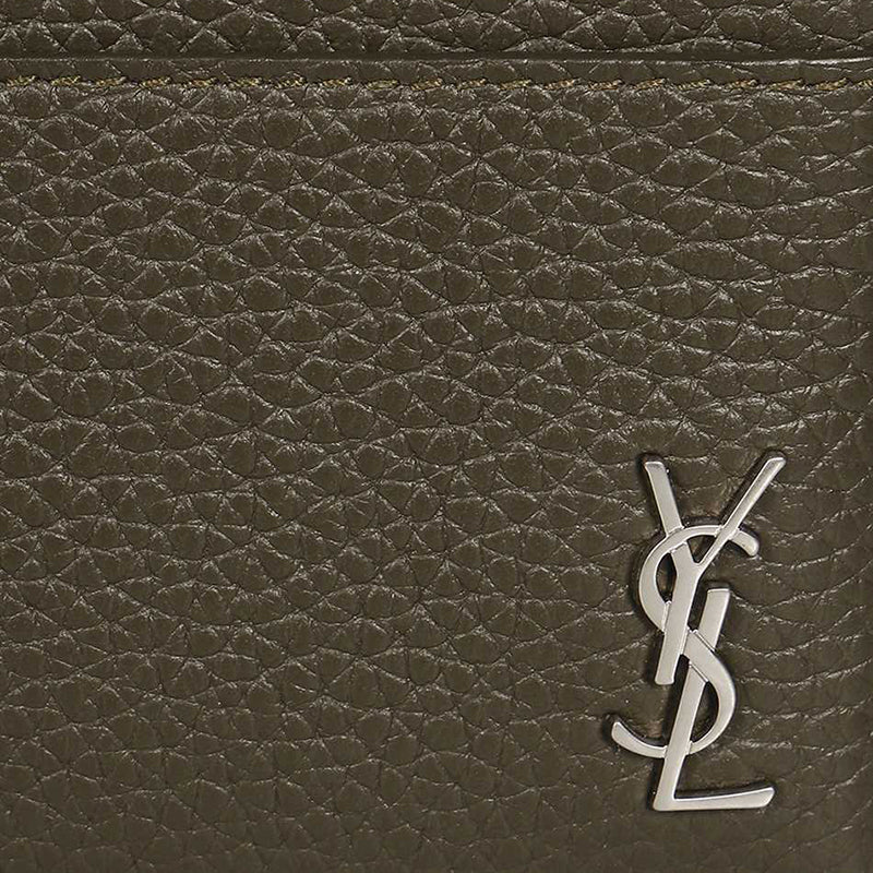 SAINT LAURENT YSL Tiny Cassandre Card Case In Grained Leather Dark Khaki 607603DTI0E