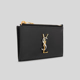 SAINT LAURENT YSL 2 Tone Logo Zipped Card Case In Smooth Leather Black 611558