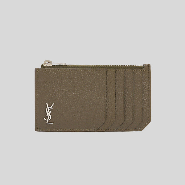 SAINT LAURENT YSL Tiny Cassandre Fragments Zipped Card Case In Grained Leather Dark Khaki 629899  lussocitta lusso citta