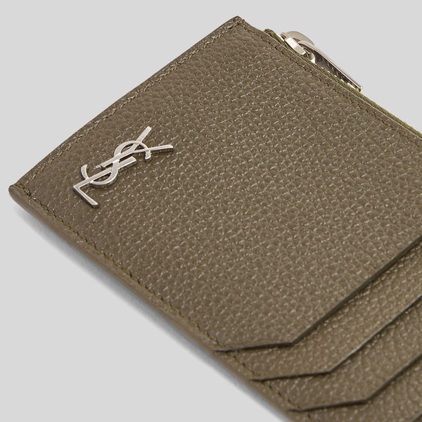 SAINT LAURENT YSL Tiny Cassandre Fragments Zipped Card Case In Grained Leather Dark Khaki 629899