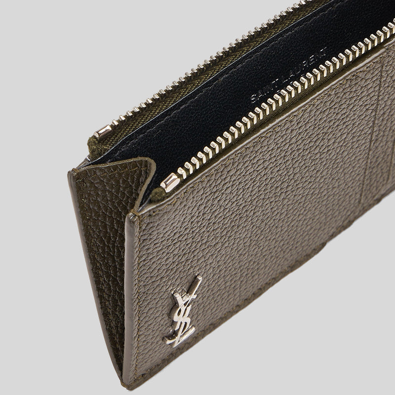 SAINT LAURENT YSL Tiny Cassandre Fragments Zipped Card Case In Grained Leather Dark Khaki 629899