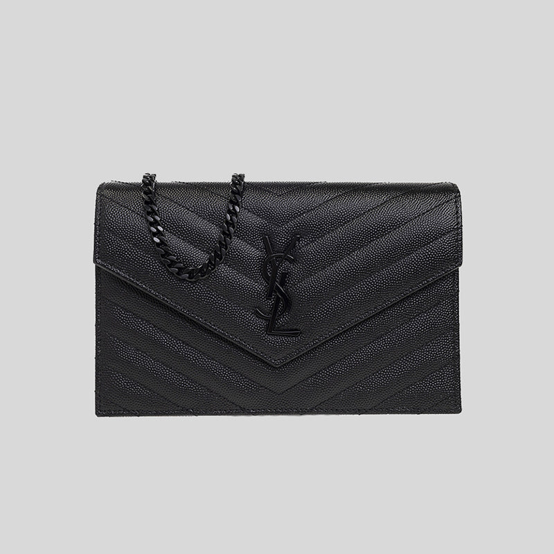 SAINT LAURENT YSL Matelasse Envelope Chain Wallet In Grain De Poudre Leather Black/Black 742920BOW08 LUSSOCITTA LUSSO CITTA