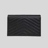 SAINT LAURENT YSL Matelasse Envelope Chain Wallet In Grain De Poudre Leather Black/Black 742920BOW08