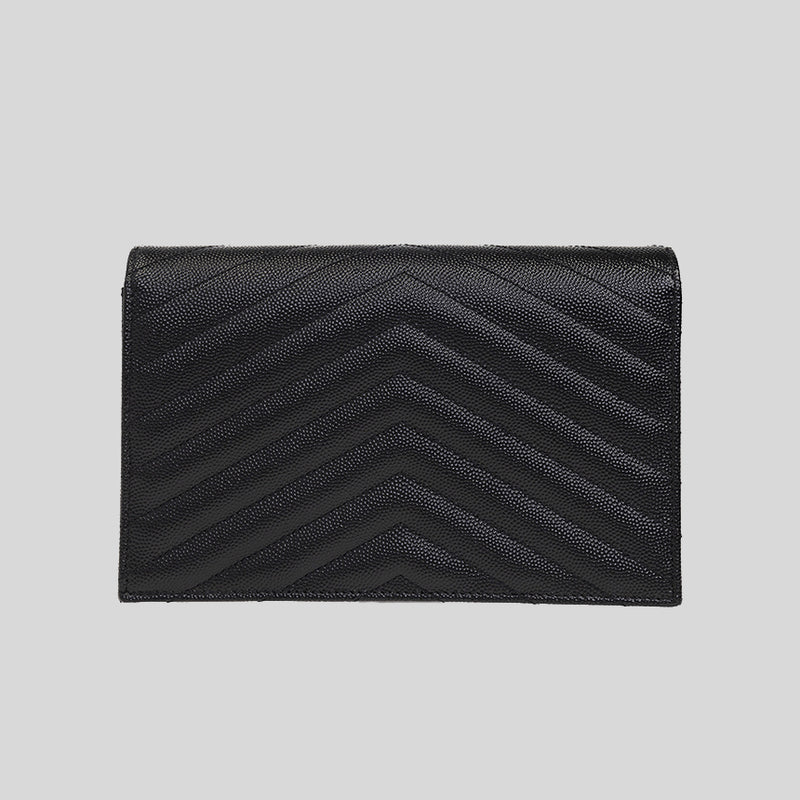 SAINT LAURENT YSL Matelasse Envelope Chain Wallet In Grain De Poudre Leather Black/Black 742920BOW08