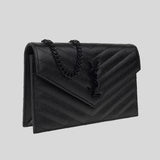 SAINT LAURENT YSL Matelasse Envelope Chain Wallet In Grain De Poudre Leather Black/Black 742920BOW08