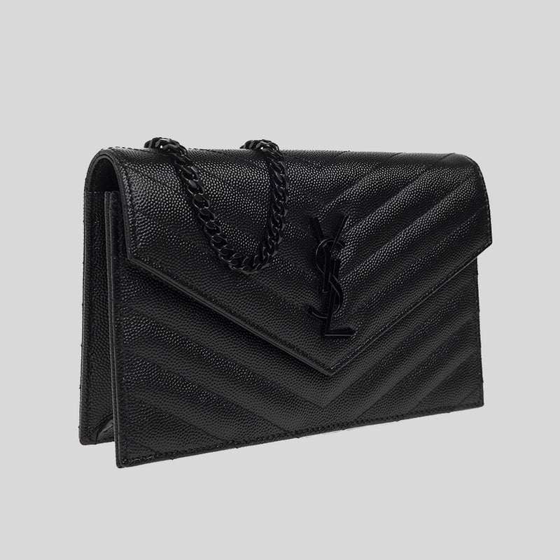 SAINT LAURENT YSL Matelasse Envelope Chain Wallet In Grain De Poudre Leather Black/Black 742920BOW08