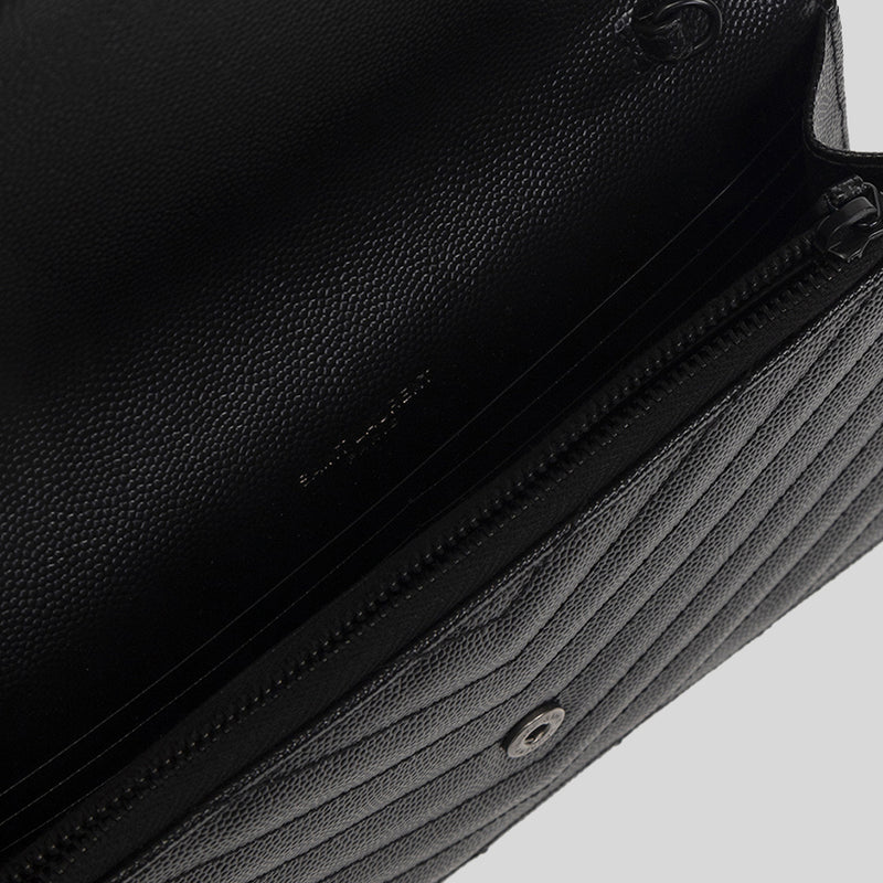 SAINT LAURENT YSL Matelasse Envelope Chain Wallet In Grain De Poudre Leather Black/Black 742920BOW08