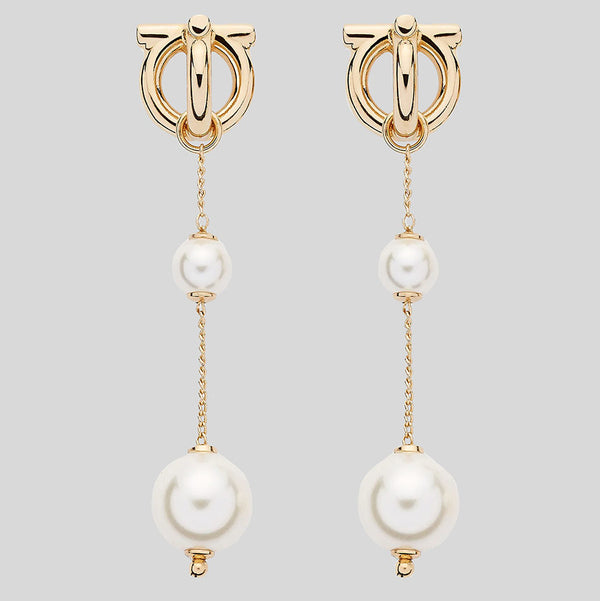 FERRAGAMO 3D Logo Gancini Pearl Drop Earrings Gold 760531 lussocitta lusso citta