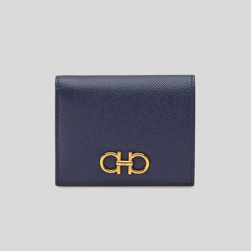 FERRAGAMO Calf Leather Small Bifold Wallet Midnight 771175
