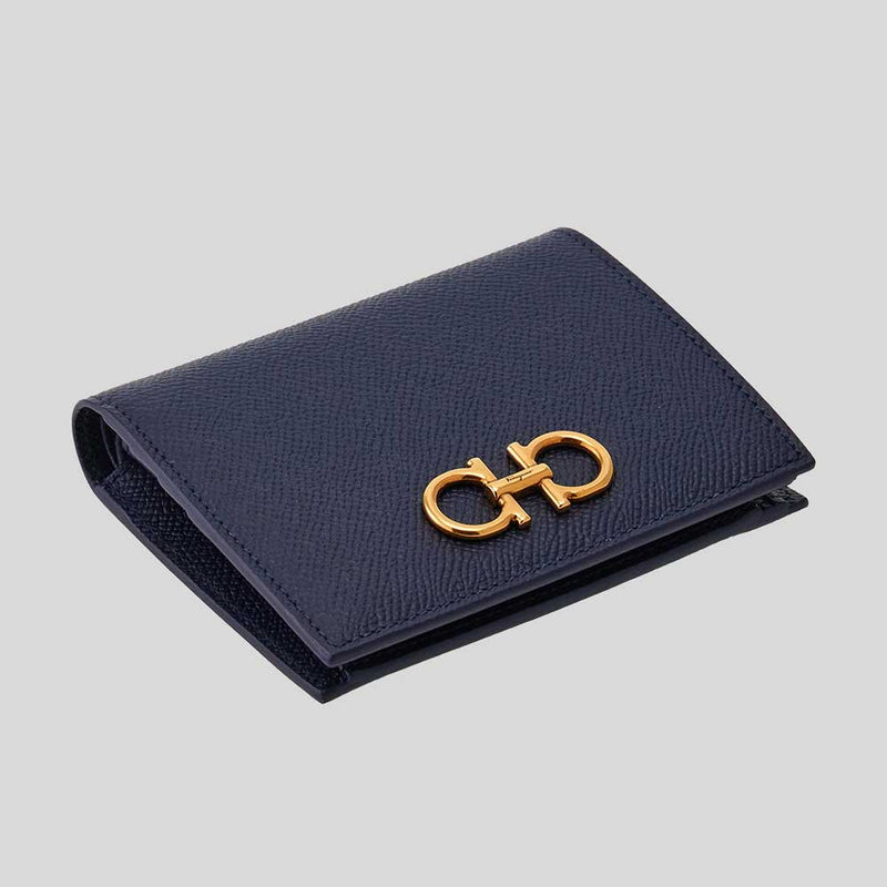 FERRAGAMO Calf Leather Small Bifold Wallet Midnight 771175