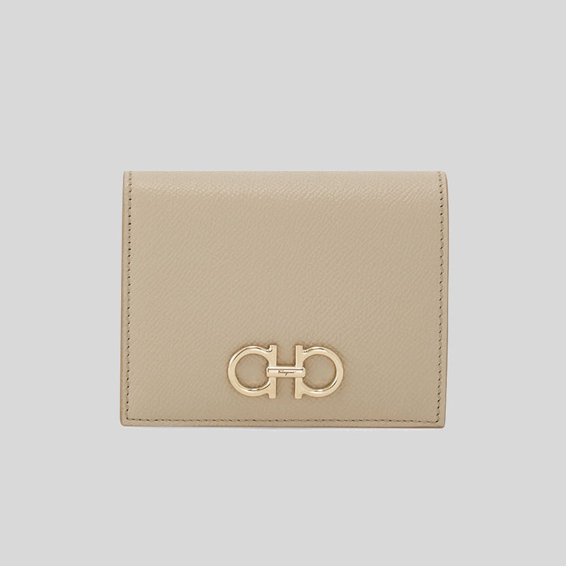 FERRAGAMO Calf Leather Small Bifold Wallet Stone 779463