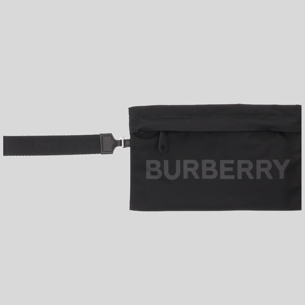 BURBERRY Unisex Logo Print Nylon Zip Wristlet Pouch Black 80528401