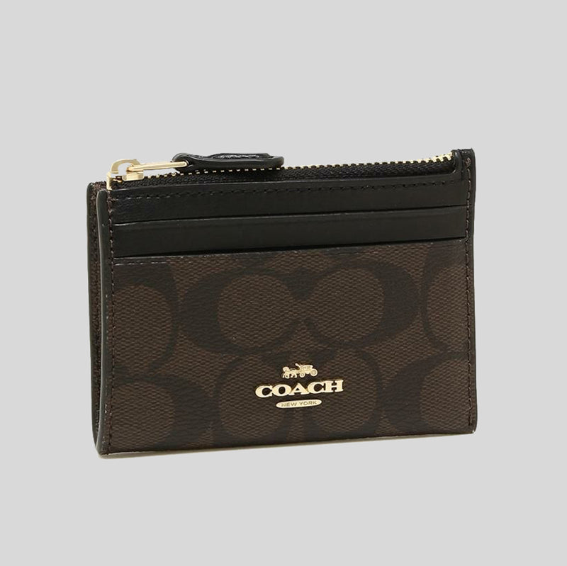 Coach Mini Skinny Id Case In Signature Canvas Brown Black 88208