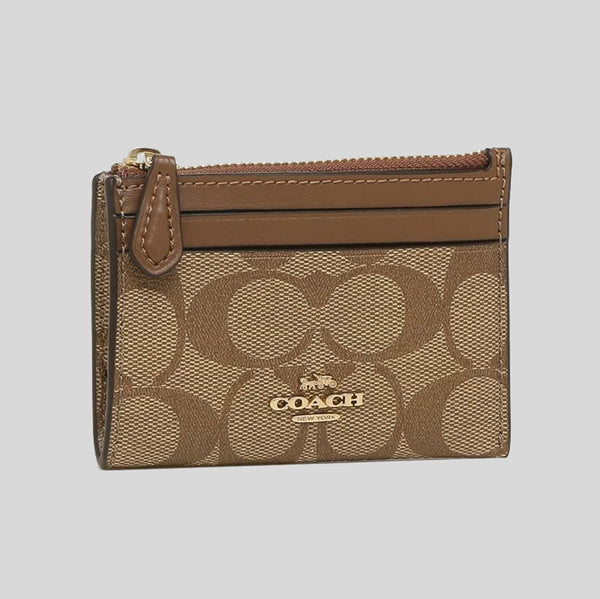 Coach Mini Skinny Id Case In Signature Canvas Khaki Saddle 88208