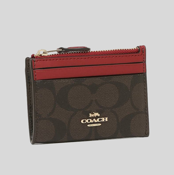 COACH Mini Skinny Id Case In Signature Canvas Brown 1941 Red 88208