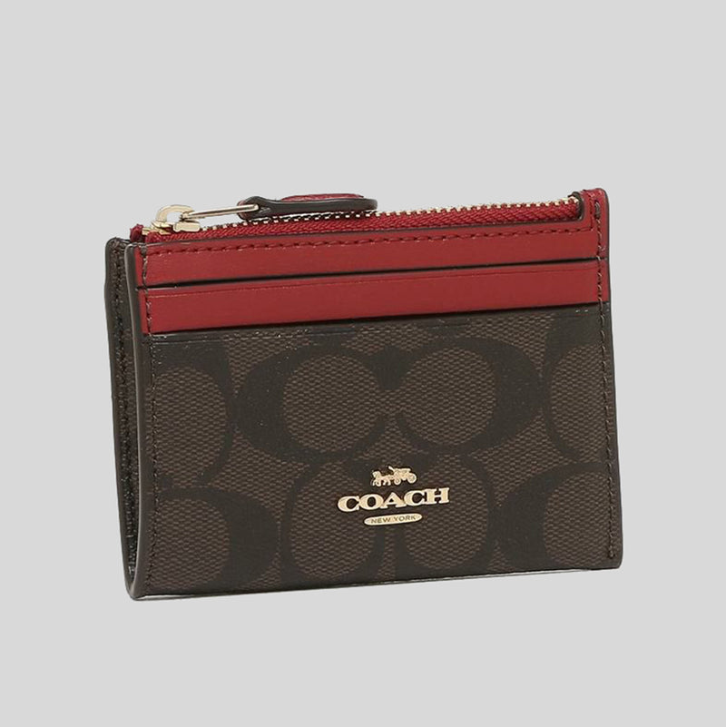 COACH Mini Skinny Id Case In Signature Canvas Brown 1941 Red 88208
